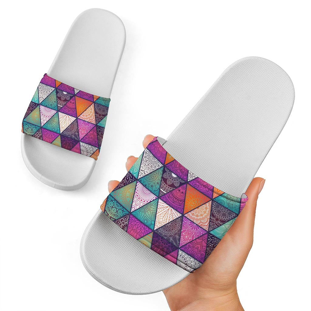 Triangle Bohemian Mandala Pattern Print White Slide Sandals