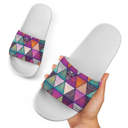Triangle Bohemian Mandala Pattern Print White Slide Sandals