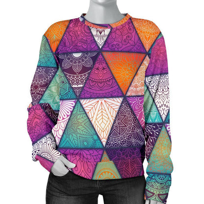 Triangle Bohemian Mandala Pattern Print Women's Crewneck Sweatshirt GearFrost
