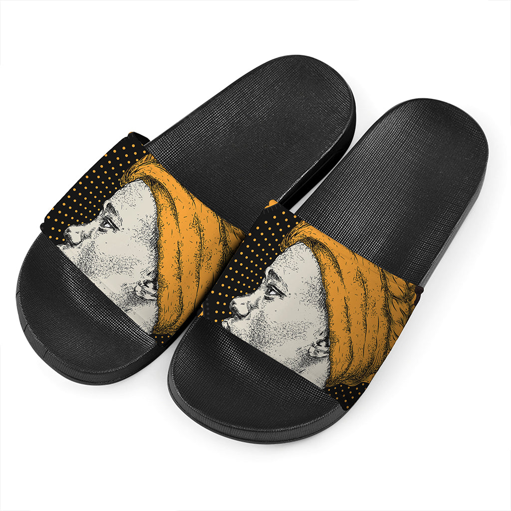 Tribal African Girl Print Black Slide Sandals