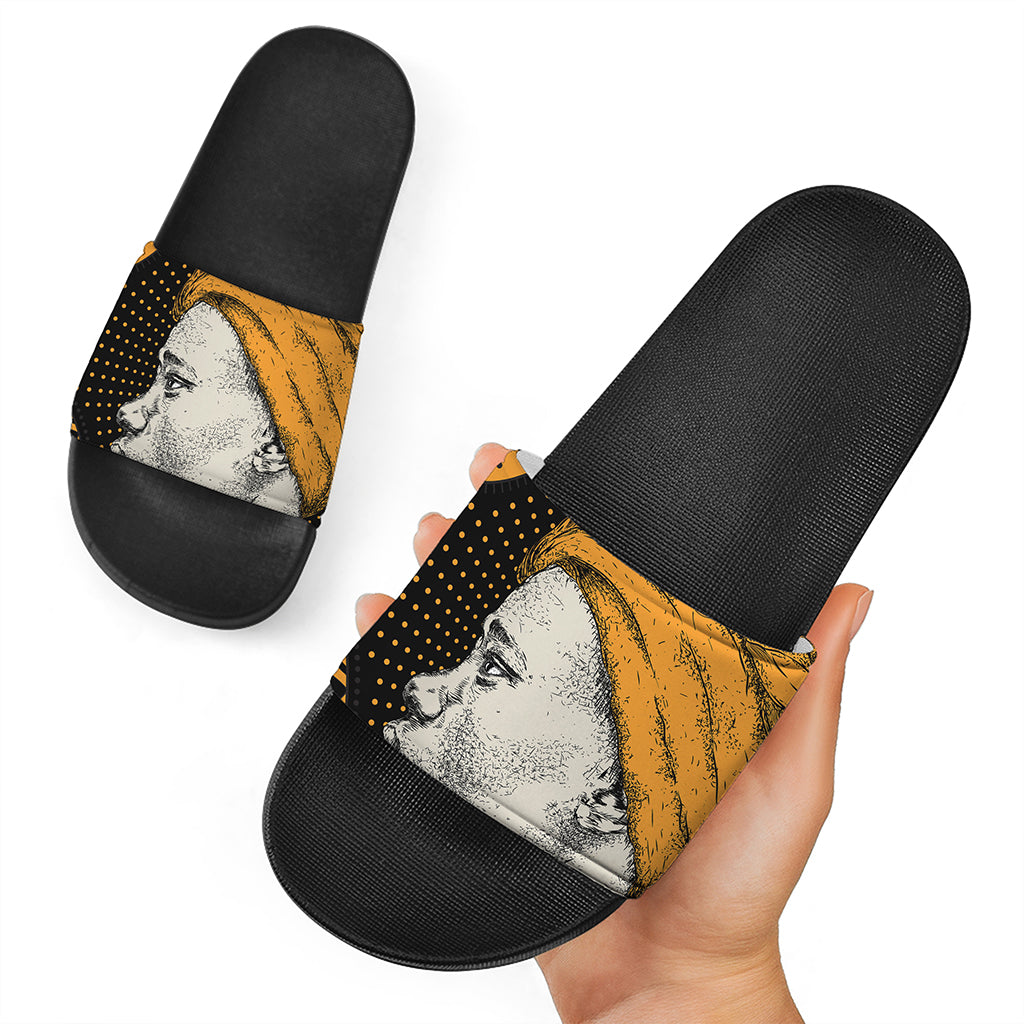 Tribal African Girl Print Black Slide Sandals