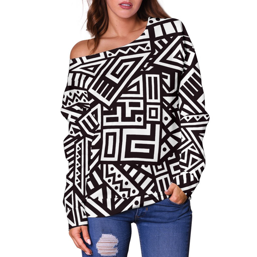 Tribal Aztec Geometric Pattern Print Off Shoulder Sweatshirt GearFrost