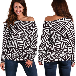 Tribal Aztec Geometric Pattern Print Off Shoulder Sweatshirt GearFrost