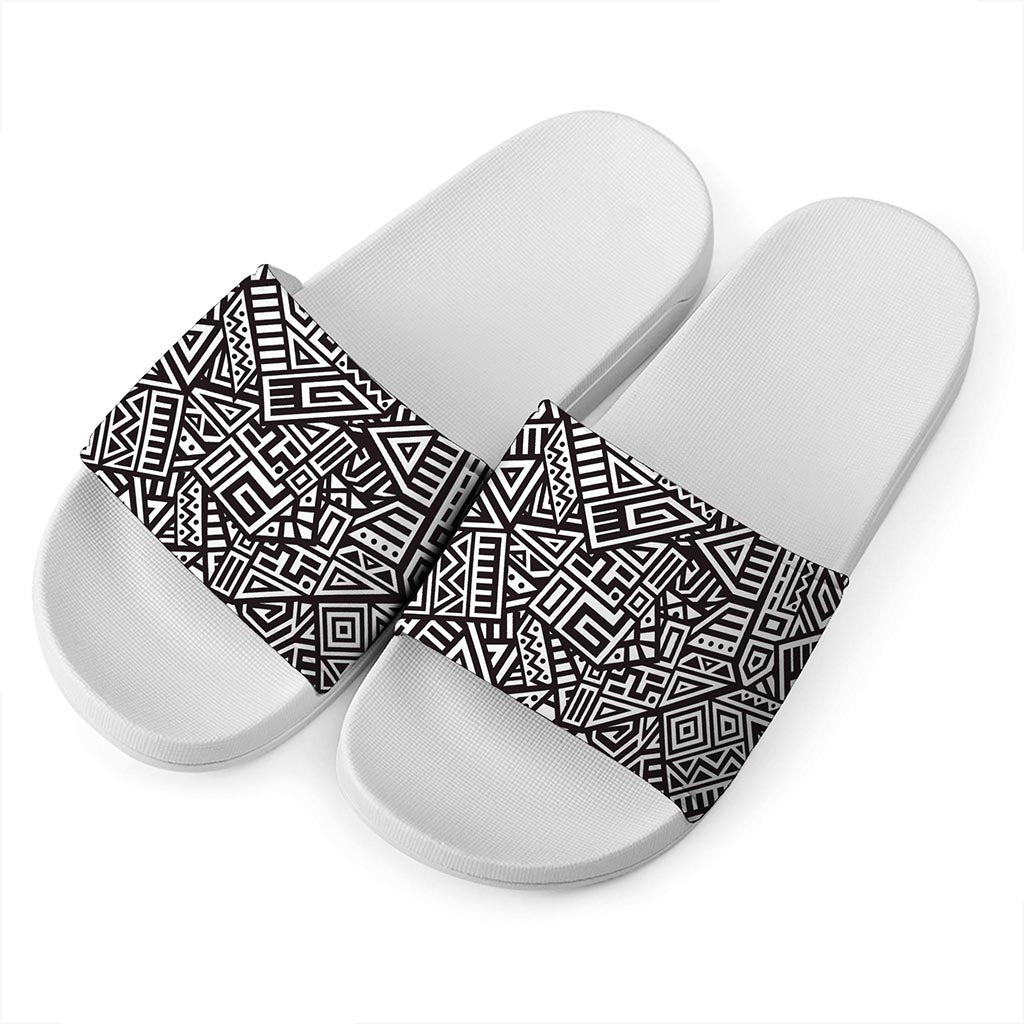 Tribal Aztec Geometric Pattern Print White Slide Sandals