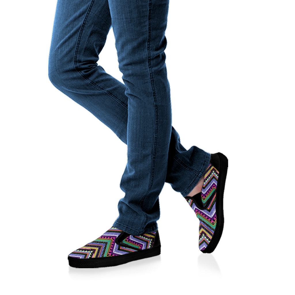 Tribal Aztec Hippie Pattern Print Black Slip On Shoes