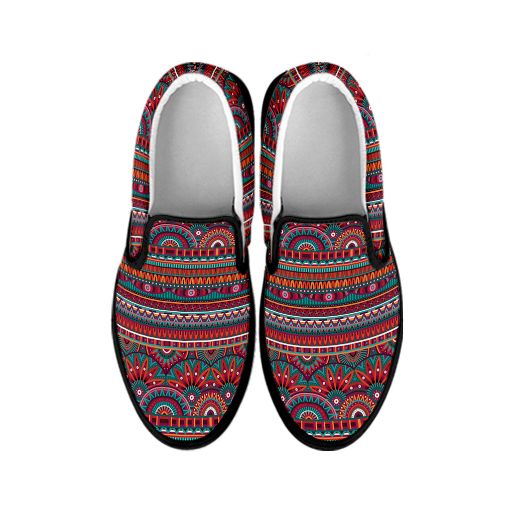 Tribal Ethnic Pattern Print Black Slip On Shoes