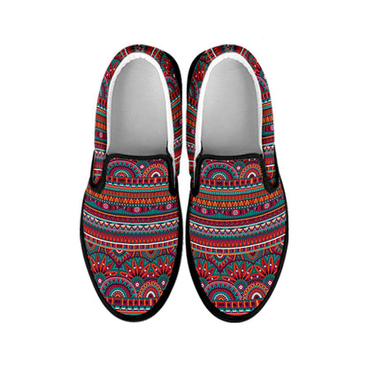Tribal Ethnic Pattern Print Black Slip On Shoes