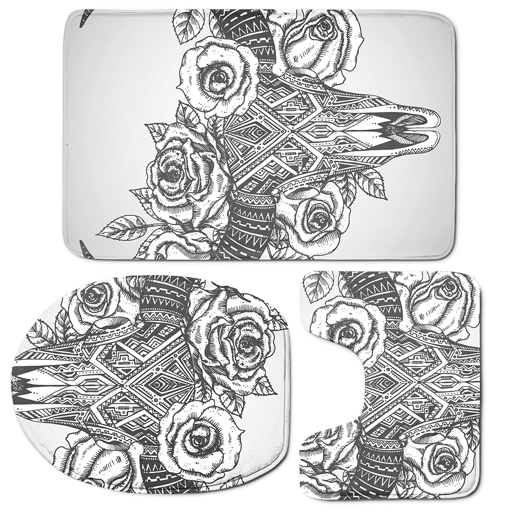 Tribal Indian Bull Skull Print 3 Piece Bath Mat Set