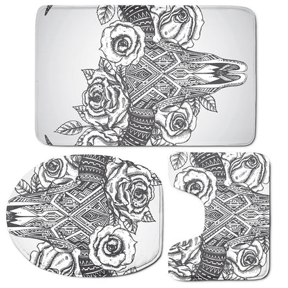 Tribal Indian Bull Skull Print 3 Piece Bath Mat Set