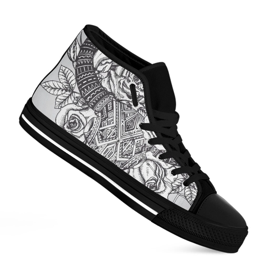 Tribal Indian Bull Skull Print Black High Top Shoes