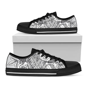 Tribal Indian Bull Skull Print Black Low Top Shoes 