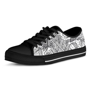 Tribal Indian Bull Skull Print Black Low Top Shoes 