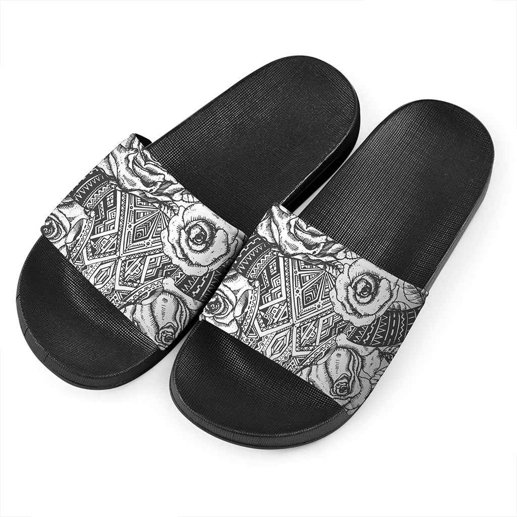 Tribal Indian Bull Skull Print Black Slide Sandals