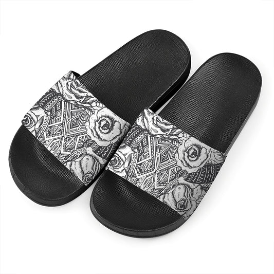 Tribal Indian Bull Skull Print Black Slide Sandals