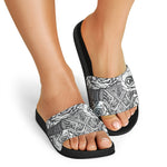 Tribal Indian Bull Skull Print Black Slide Sandals