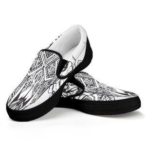 Tribal Indian Bull Skull Print Black Slip On Shoes