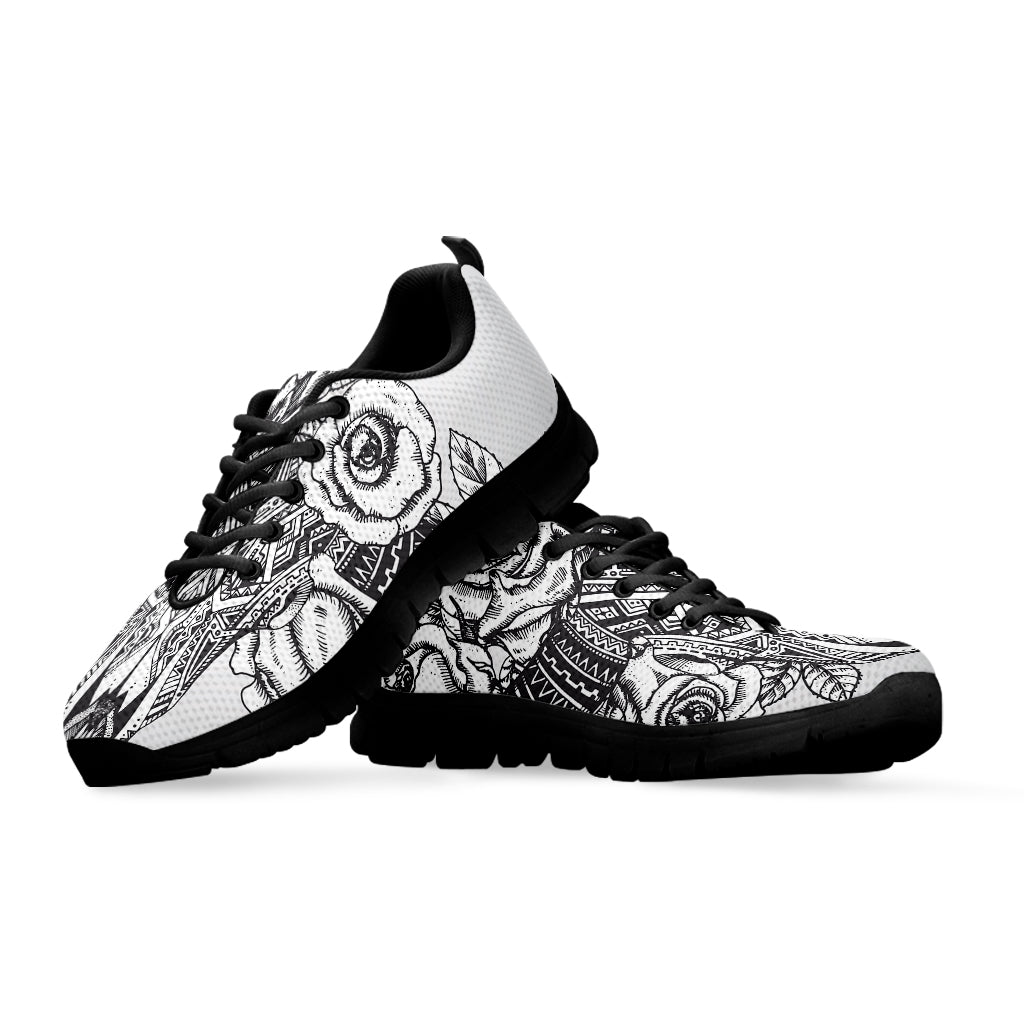 Tribal Indian Bull Skull Print Black Sneakers