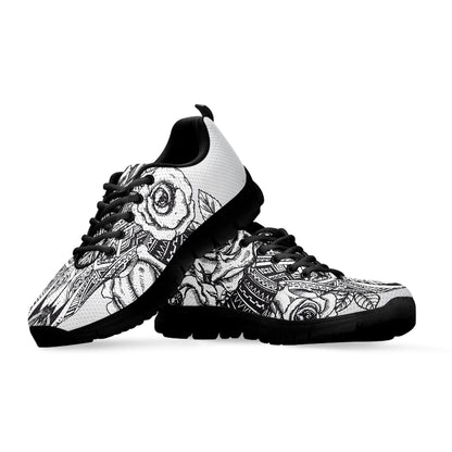 Tribal Indian Bull Skull Print Black Sneakers