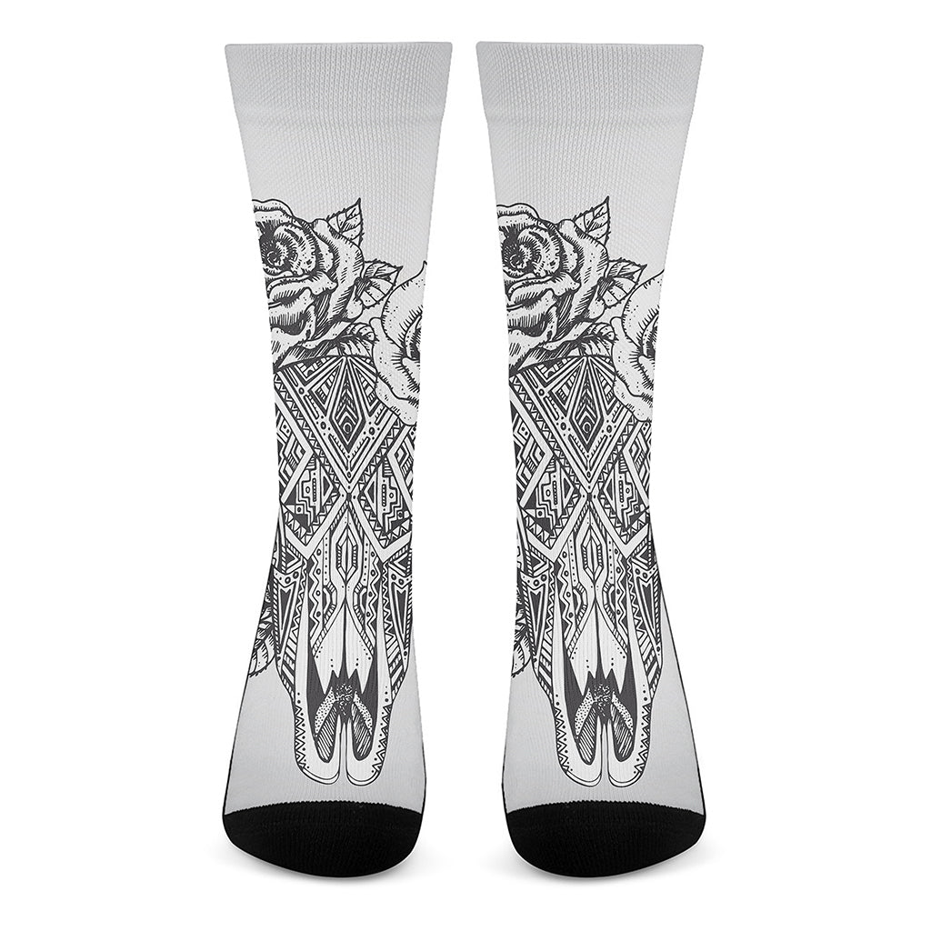 Tribal Indian Bull Skull Print Crew Socks