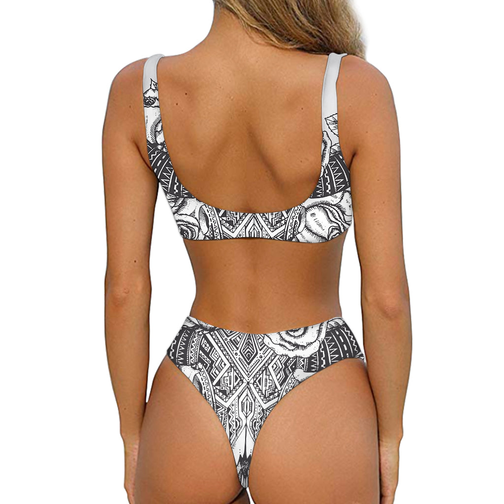 Tribal Indian Bull Skull Print Front Bow Tie Bikini