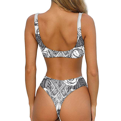 Tribal Indian Bull Skull Print Front Bow Tie Bikini