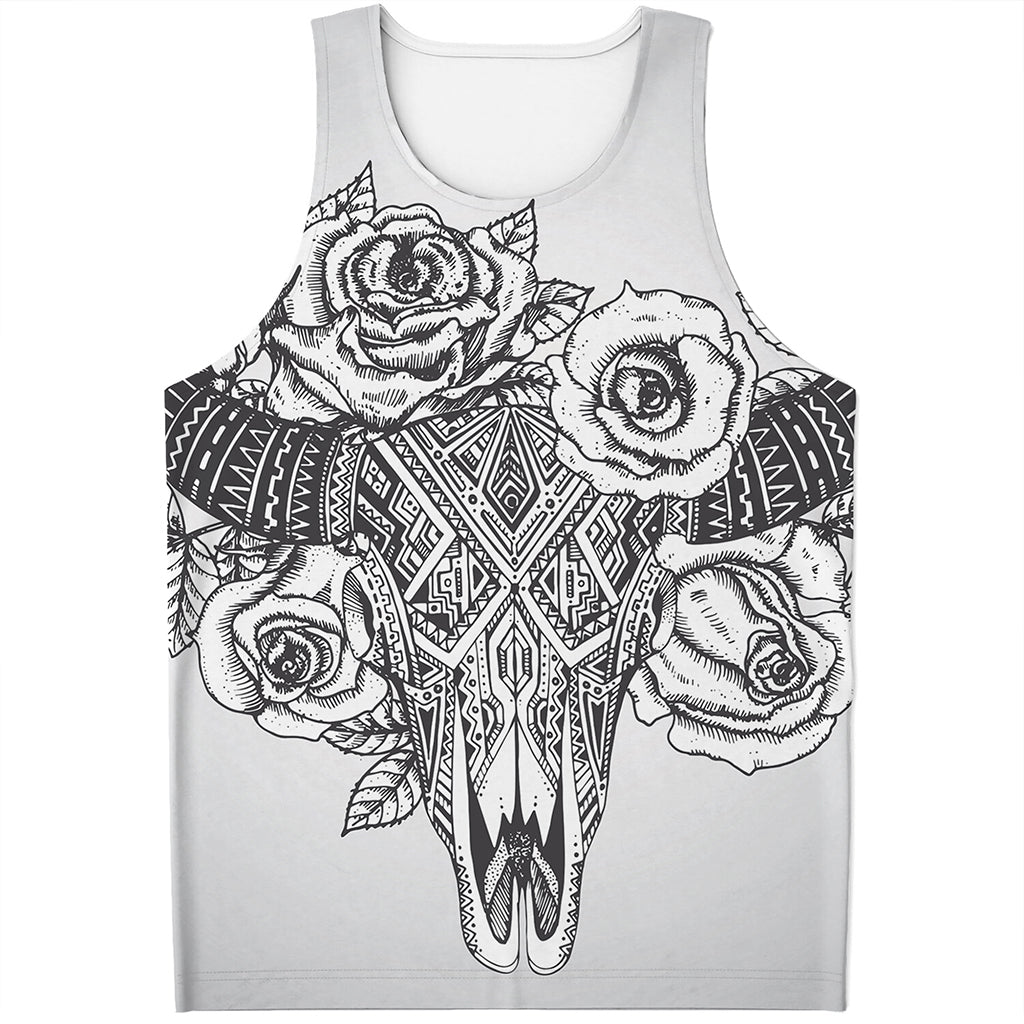 Tribal Indian Bull Skull Print Men's Tank Top