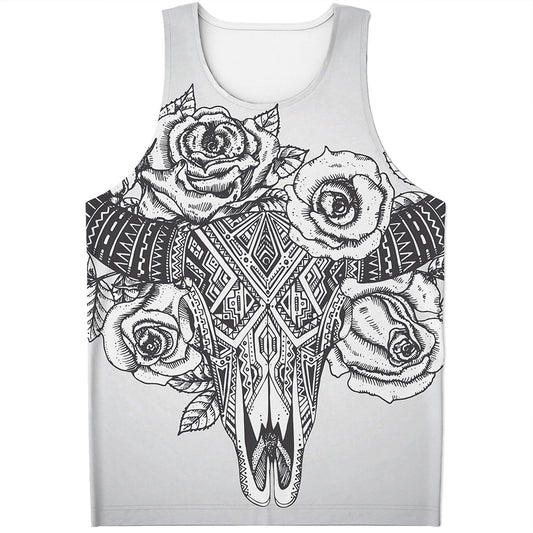 Tribal Indian Bull Skull Print Men's Tank Top