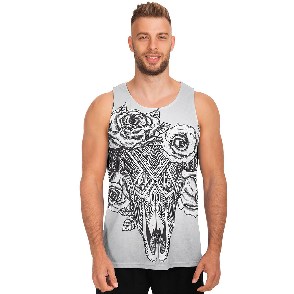 Tribal Indian Bull Skull Print Men's Tank Top