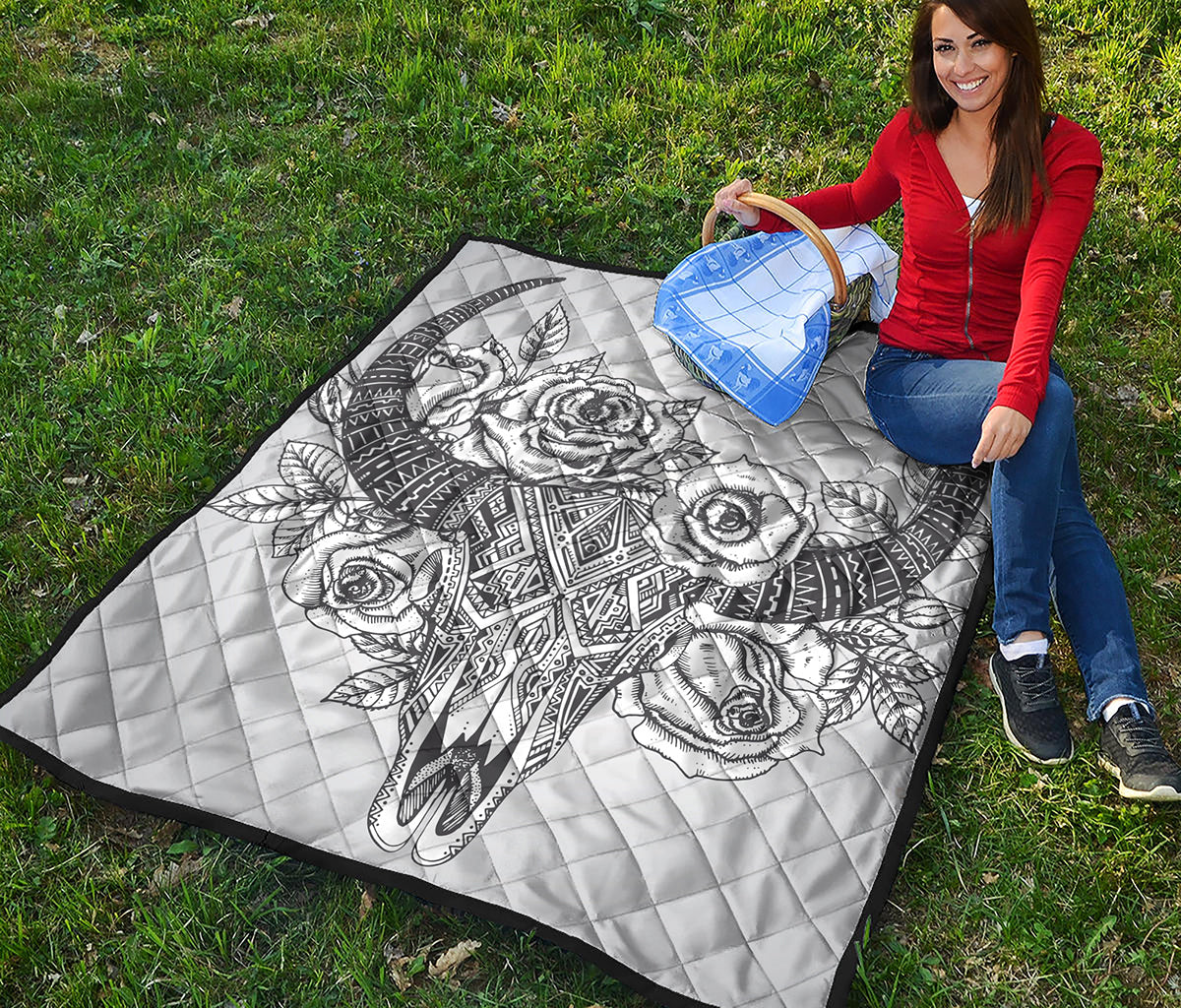 Tribal Indian Bull Skull Print Quilt