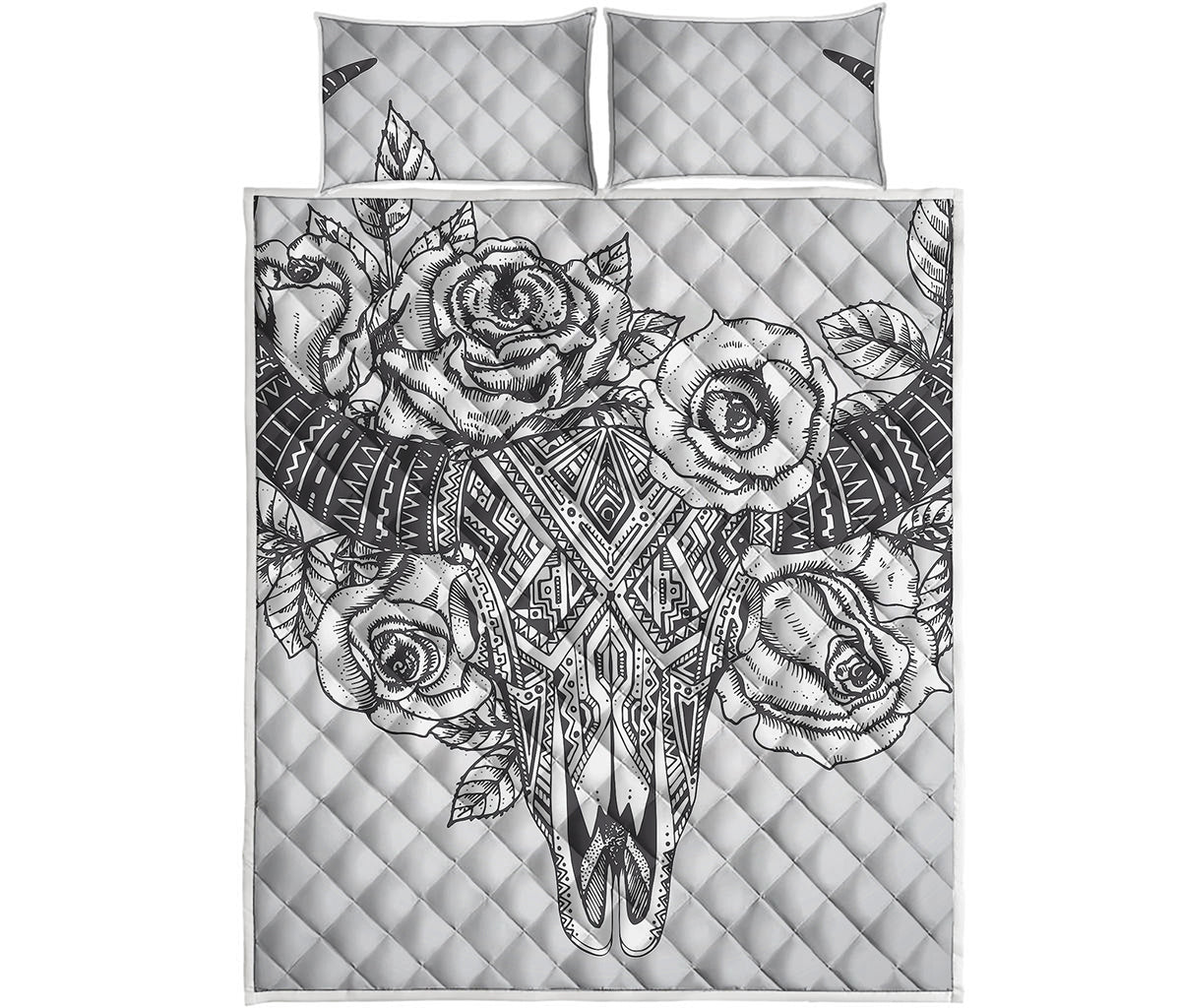 Tribal Indian Bull Skull Print Quilt Bed Set