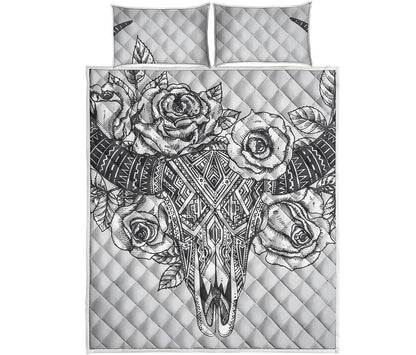 Tribal Indian Bull Skull Print Quilt Bed Set