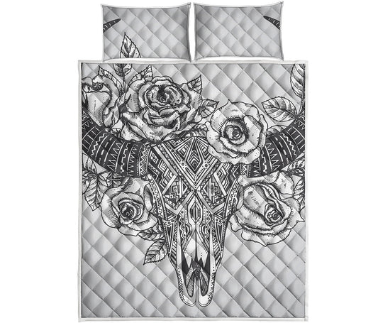 Tribal Indian Bull Skull Print Quilt Bed Set