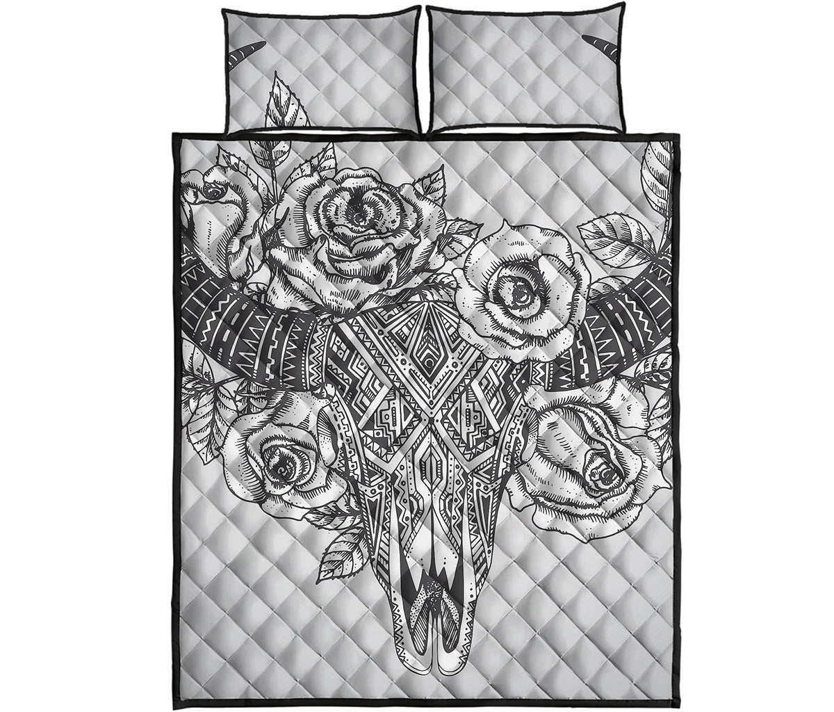 Tribal Indian Bull Skull Print Quilt Bed Set