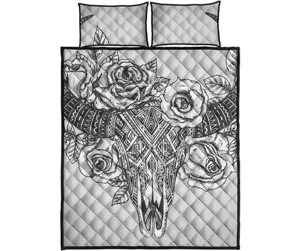 Tribal Indian Bull Skull Print Quilt Bed Set
