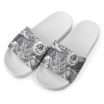 Tribal Indian Bull Skull Print White Slide Sandals
