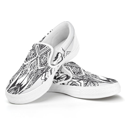 Tribal Indian Bull Skull Print White Slip On Shoes