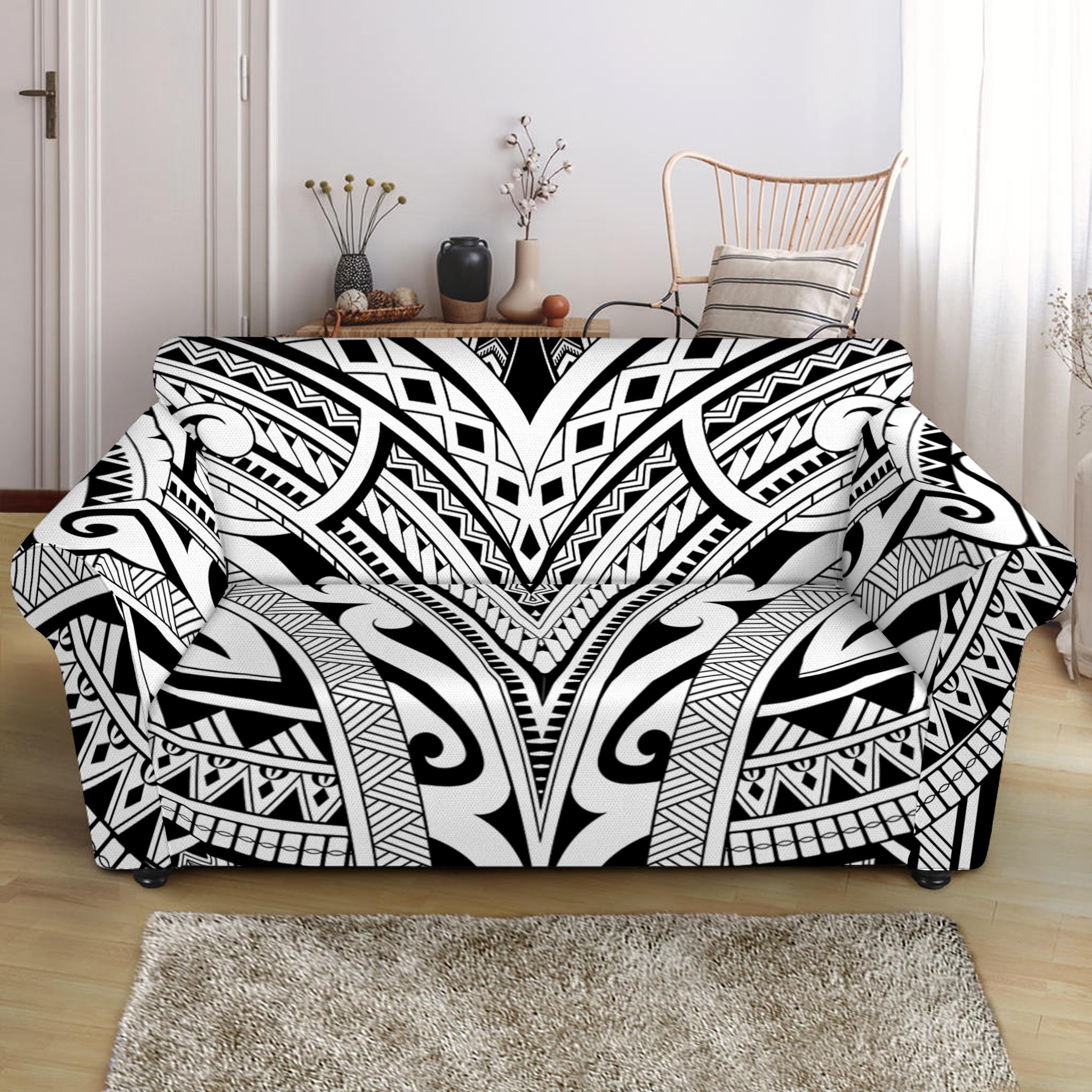 Tribal Maori Polynesian Tattoo Print Loveseat Slipcover