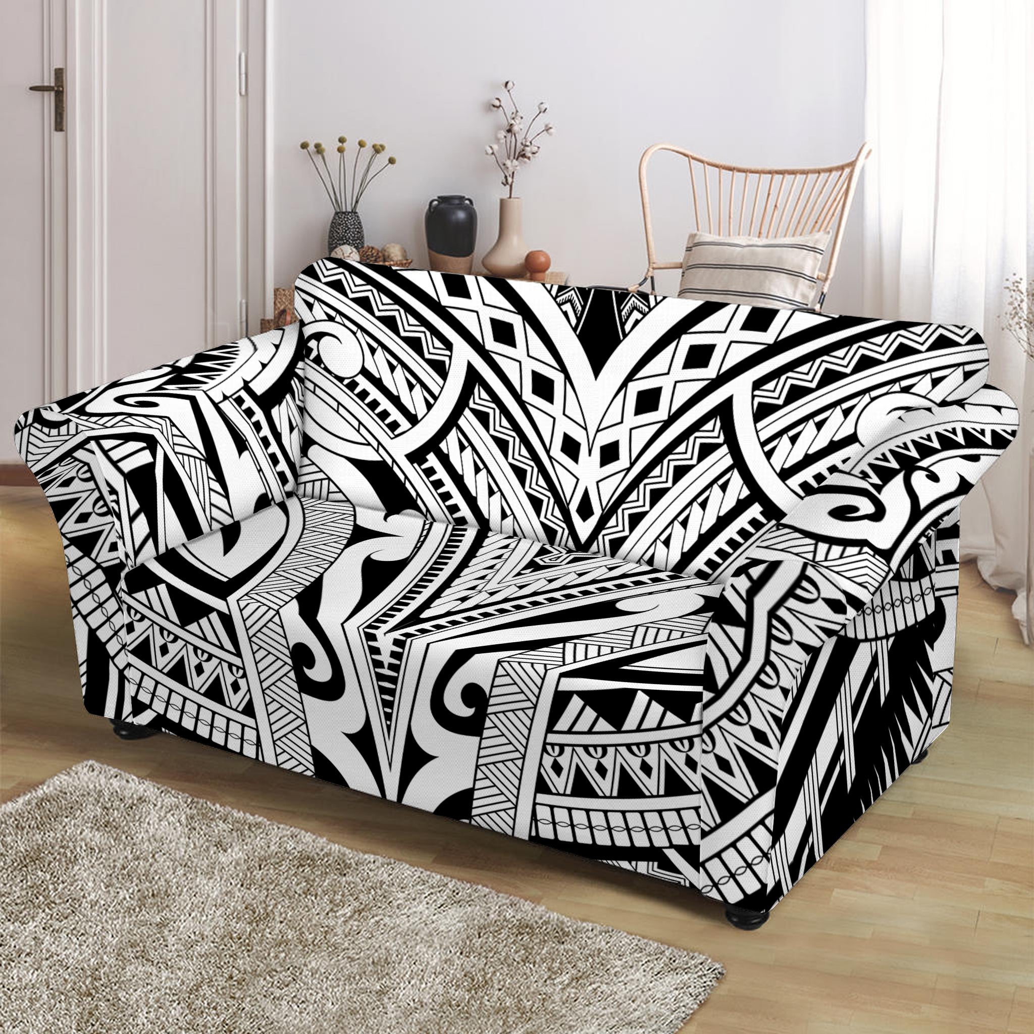 Tribal Maori Polynesian Tattoo Print Loveseat Slipcover