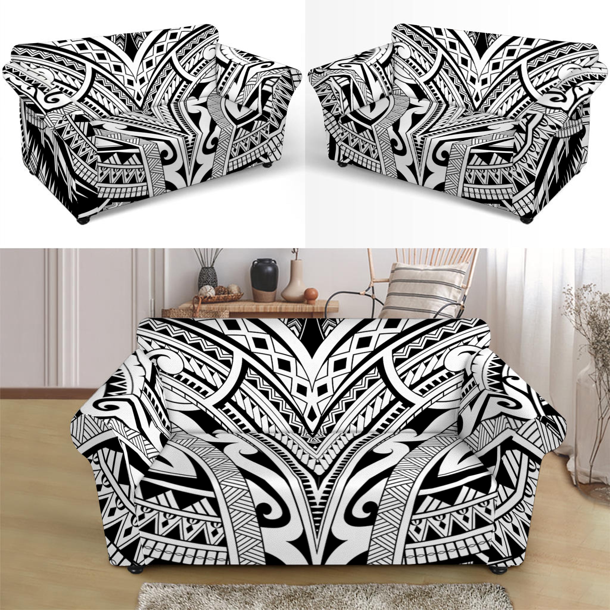 Tribal Maori Polynesian Tattoo Print Loveseat Slipcover