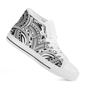 Tribal Maori Polynesian Tattoo Print White High Top Shoes