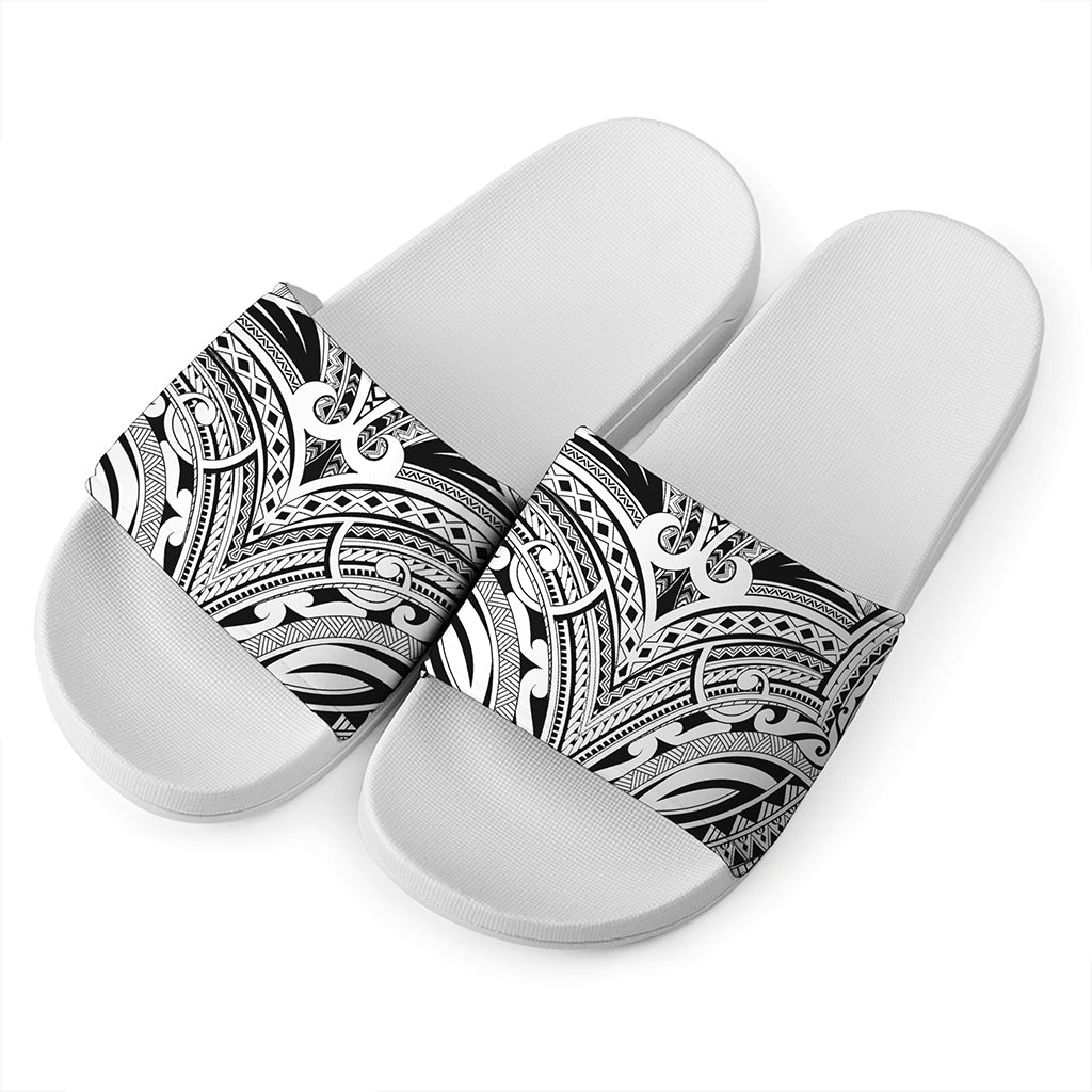 Tribal Maori Polynesian Tattoo Print White Slide Sandals