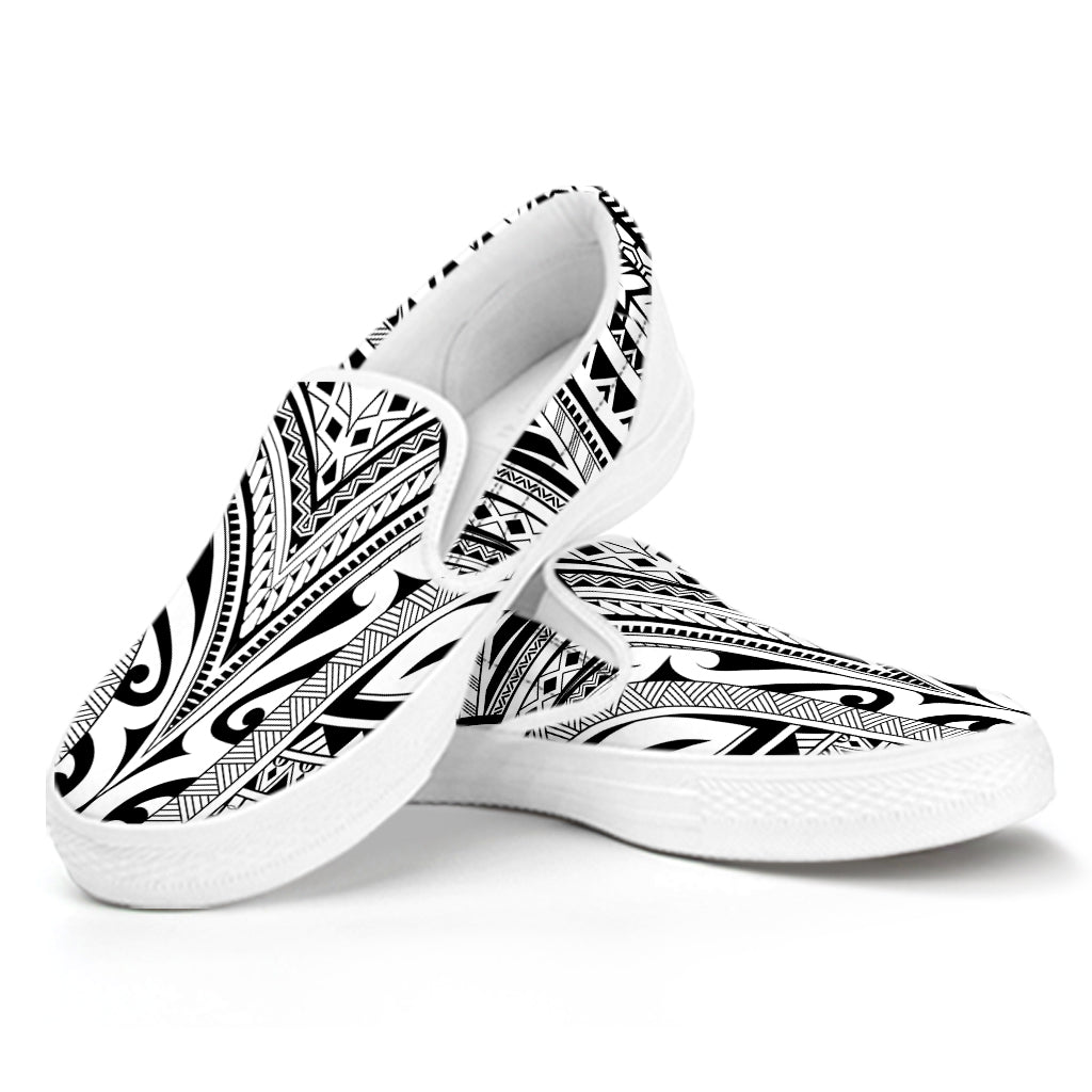 Tribal Maori Polynesian Tattoo Print White Slip On Shoes