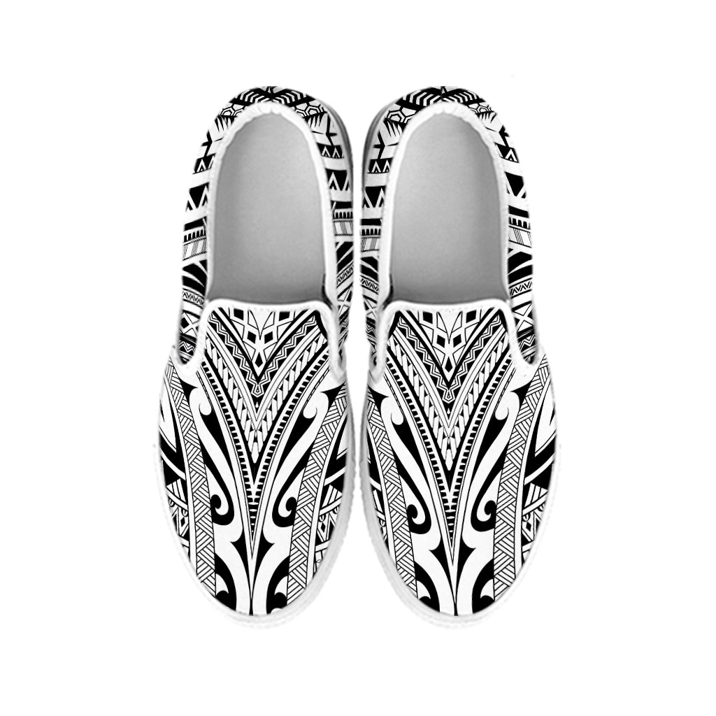 Tribal Maori Polynesian Tattoo Print White Slip On Shoes