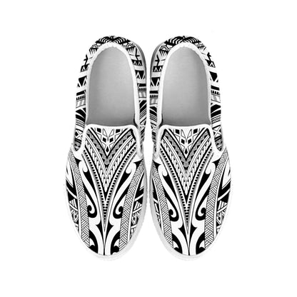 Tribal Maori Polynesian Tattoo Print White Slip On Shoes