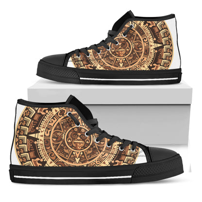 Tribal Maya Calendar Print Black High Top Shoes