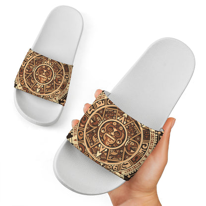 Tribal Maya Calendar Print White Slide Sandals