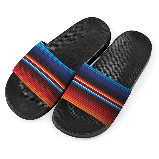 Tribal Mexican Blanket Pattern Print Black Slide Sandals
