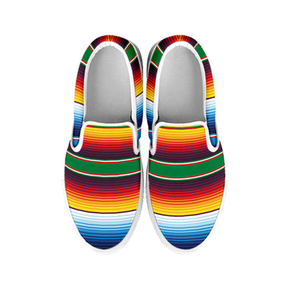 Tribal Mexican Blanket Stripe Print White Slip On Shoes