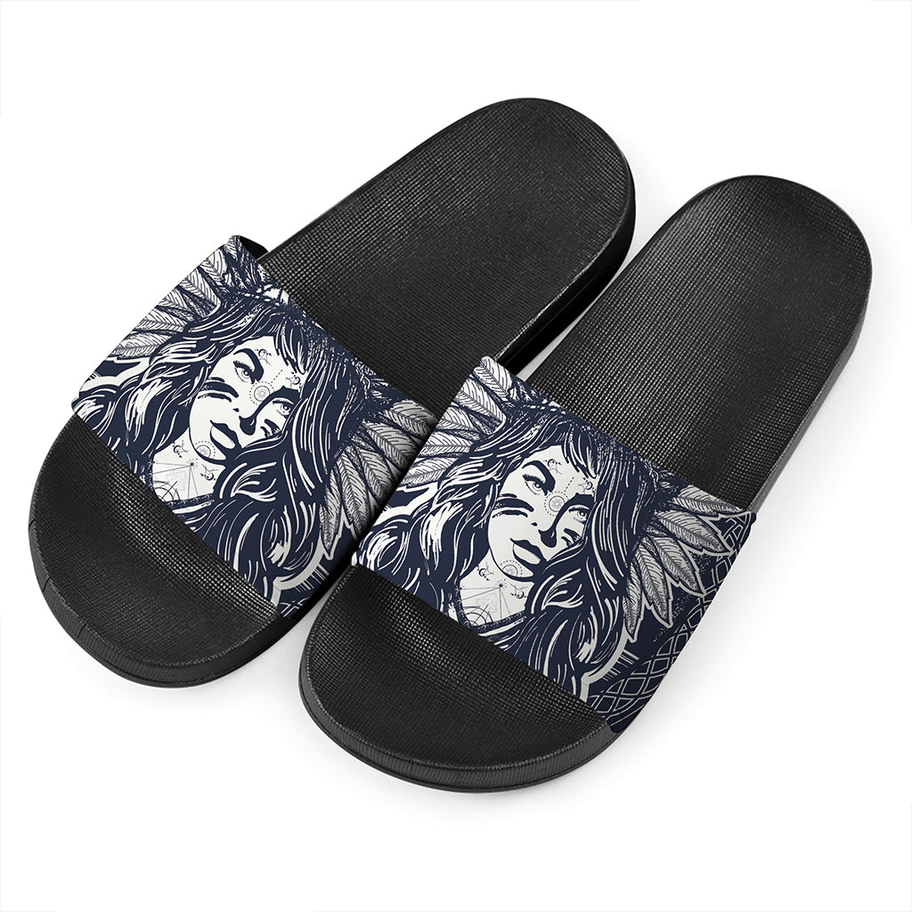 Tribal Native Indian Girl Print Black Slide Sandals