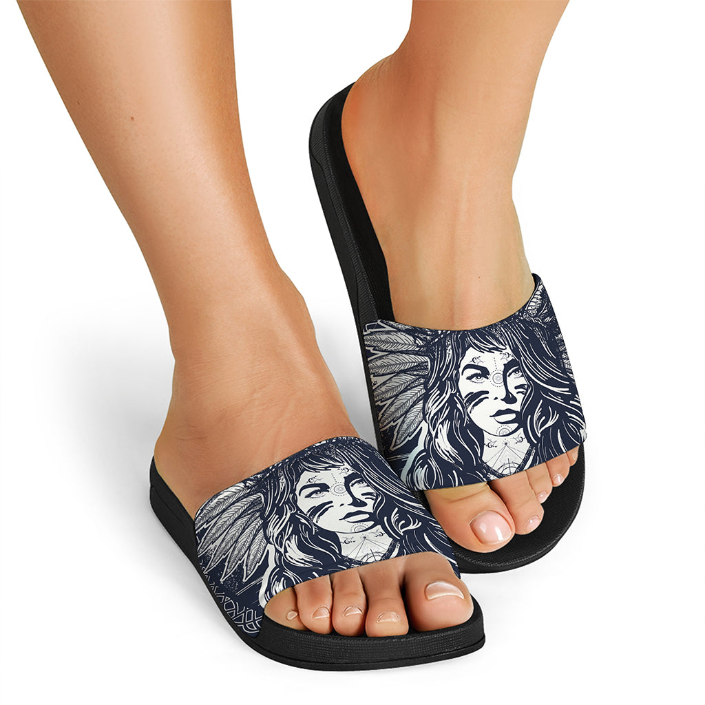 Tribal Native Indian Girl Print Black Slide Sandals